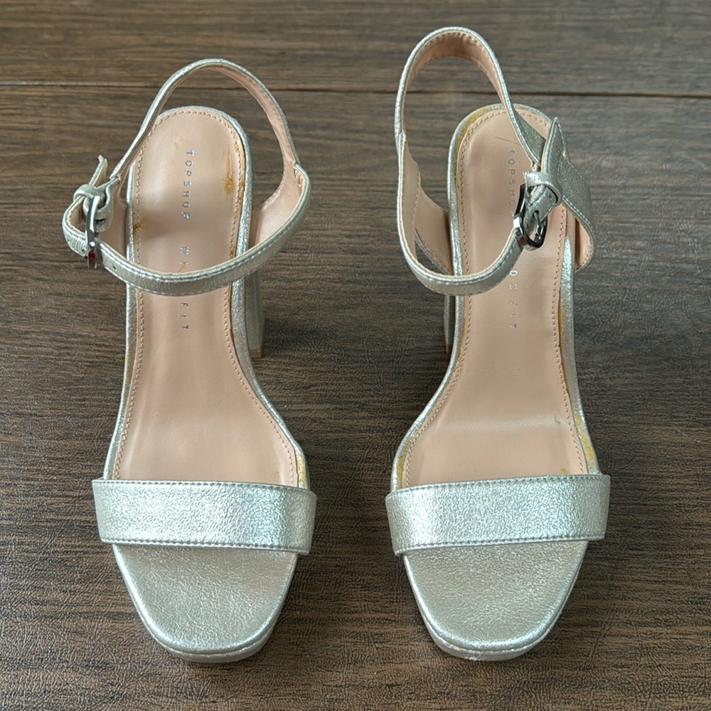 Topshop Silver Metallic Block Heel Sandals